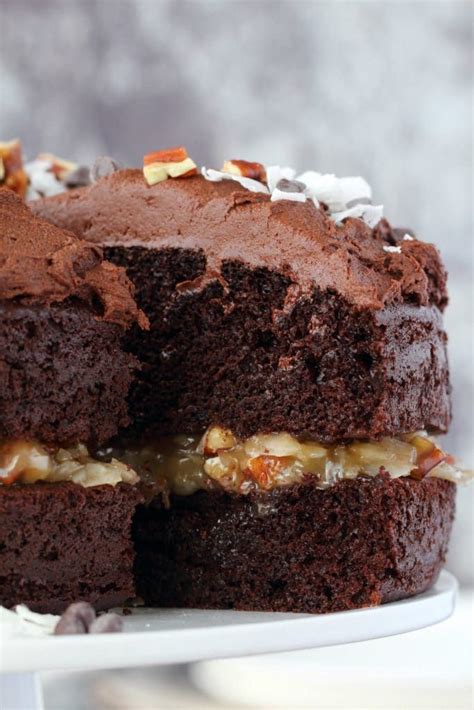 Moist And Rich 2 Layer Vegan German Chocolate Cake With A Coconut Pecan Filling And A Chocolate