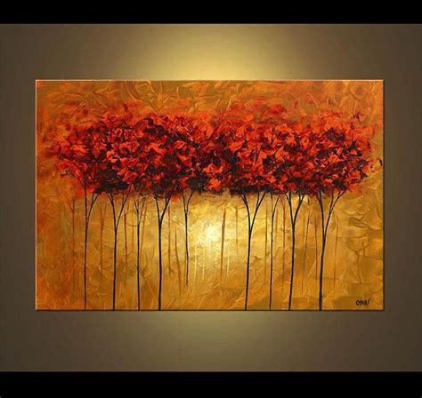 Landscape Red Blooming Trees Painting Original Abstract Modern Acrylic