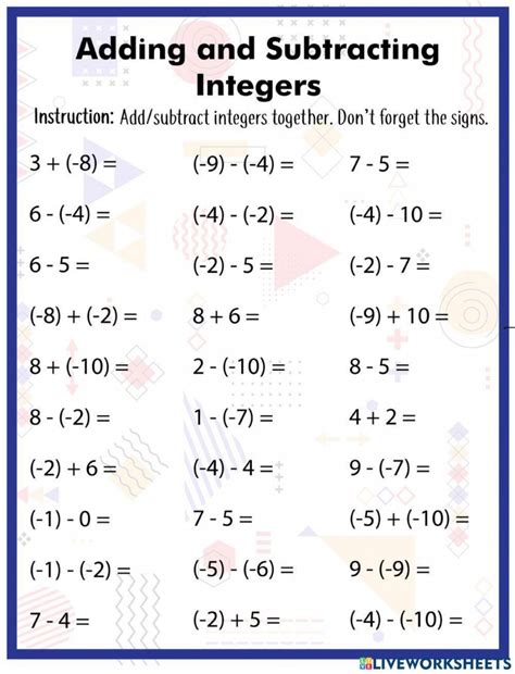Adding And Subtracting Integer Worksheet