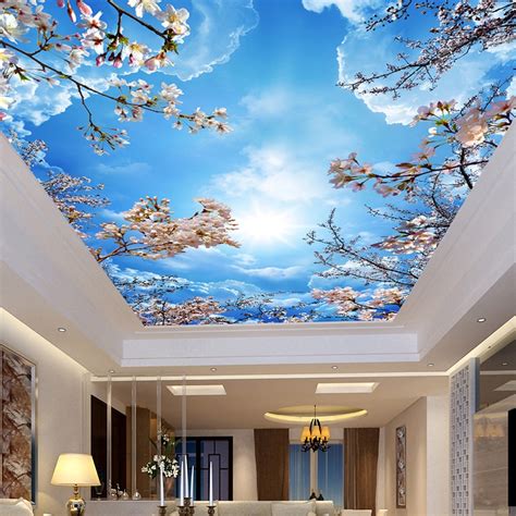 Custom Wall Mural Painting Blue Sky White Clouds Peach Blossom Ceiling