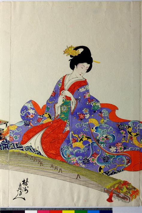 japanese woodblock print triptych three girls with koto japanese harp tokugawa jidai