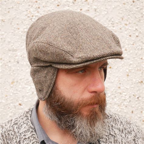 Traditional Irish Tweed Flat Cap Brown Herringbone With Foldable