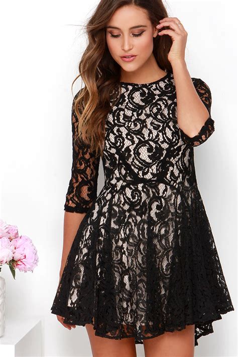 Lovely Beige And Black Dress Lace Dress 8900