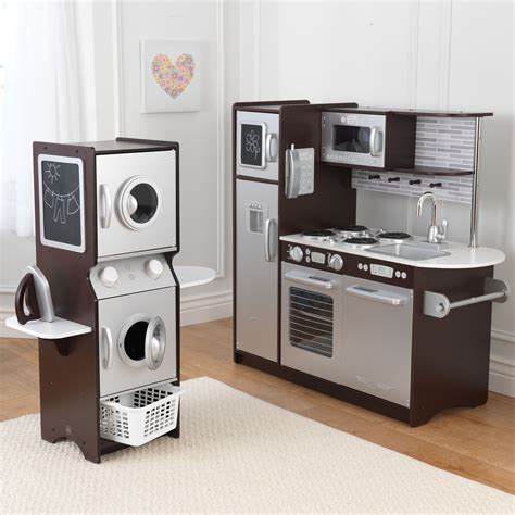 Looking for the best play kitchen for your toddler? KidKraft Espresso Uptown Play Kitchen and Laundry Playset ...