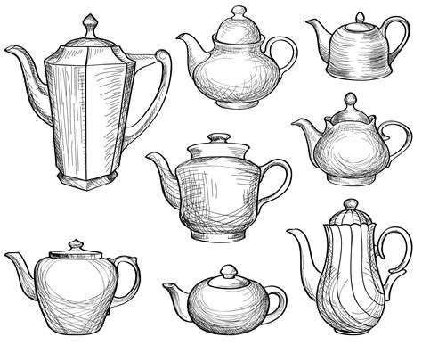 Tea Kettles Set Teapots Drawn Collection Coffee Pot Sketch 531107