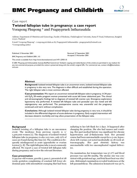 Pdf Twisted Fallopian Tube In Pregnancy A Case Report