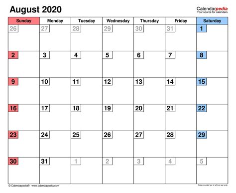 August 2020 Calendar Templates For Word Excel And Pdf