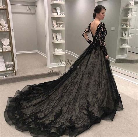 Black Lace Wedding Dresses Bridal Gowns Long Sleeves Lace Applique V