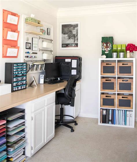 Craft table (similar), blue storage box (similar), library card drawers (similar), cricut cutting machine, label holders with adhesive back, craft storage tub with handles (similar), fabric file storage (similar) , make your work. Craft Room Makeover Reveal!!! - Craving some Creativity
