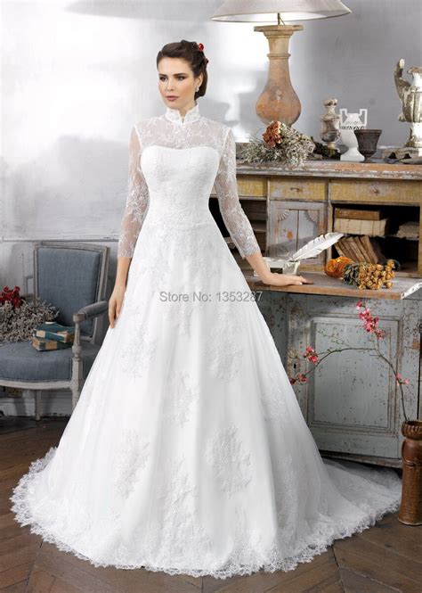 Classic High Collar Long Sleeve Lace Muslim Wedding Dress 2015 See Through Back A Line With Long