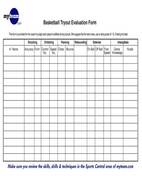 Basketball Tryout Evaluation Form Fill Online Printable Fillable