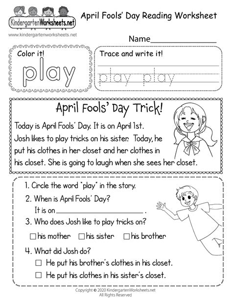 April Fools Day Reading Worksheet Free Printable Digital And Pdf