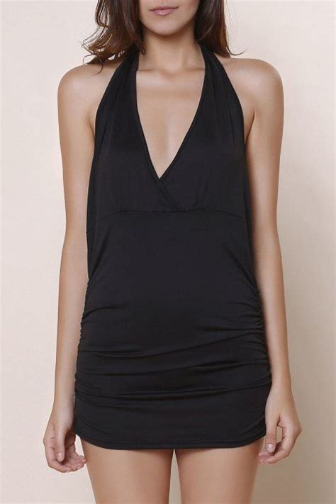 17 Off 2019 Halter Sleeveless Solid Color Backless Ruched Tank Top In Black Dresslily