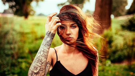 Download 1920x1080 Wallpaper Red Head Hair On Face Girl Model Tattoo Full Hd Hdtv Fhd