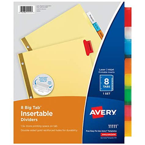 Avery 8 Tab Binder Dividers Insertable Multicolor Big Tabs 1 Set 11111