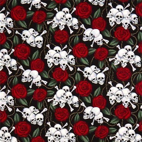 Black Alexander Henry Fabric With Roses And Skulls 2 Skull Fabric