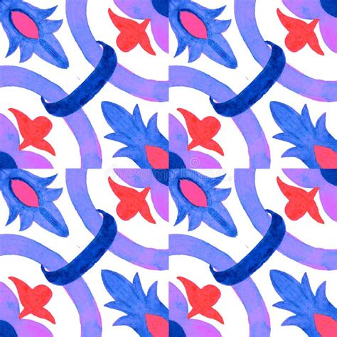 Portuguese Azulejo Tiles Watercolor Seamless Pattern Stock Image