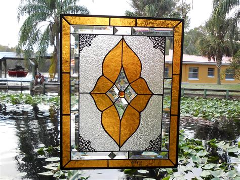 Buy Hand Crafted Vintage Look Stained Glass Window Panel Neutral Champagne And Beveled Glass