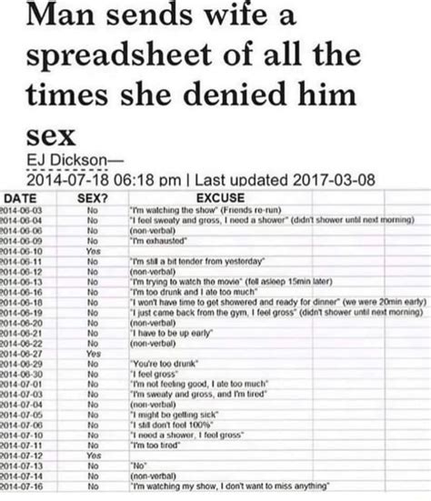 Man Sends Wite A Spreadsheet Of All The Times She Denied Him Sex Ej