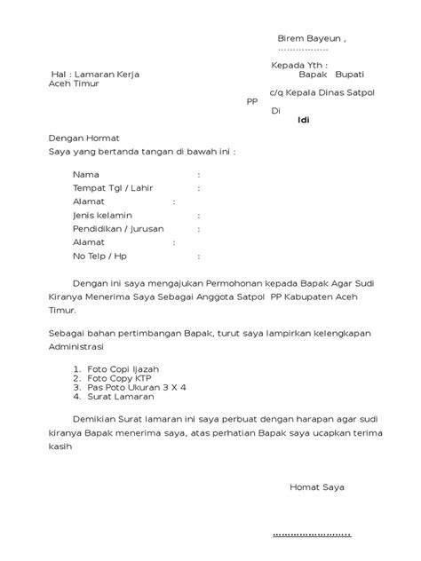 Contoh surat lamaran kerja umum, bank, karyawan, alfamart, pt, sekolahan, formal, fresh graduate, bahasa inggris, via email, tulis surat lamaran kerja adalah surat yang digunakan untuk melakukan permohonan mendapatkan pekerjaan sesuai pengalaman pada perusahaan tertentu. Contoh Surat Lamaran Kerja Untuk Dinas Satpol Pp ...
