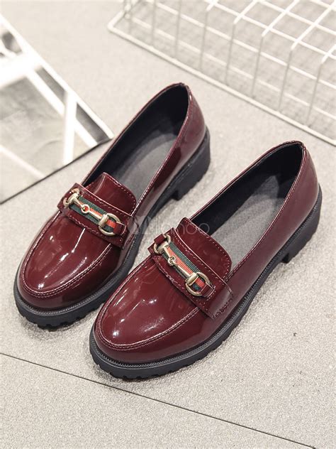 Burgundy Women Loafers Round Toe Metal Detail Slip On Shoes Flat Shoes
