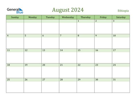 Ethiopia August 2024 Calendar With Holidays