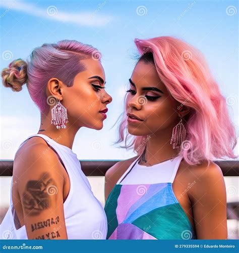fashion portrait of two beautiful girls with pink hair and bright makeup stock illustration