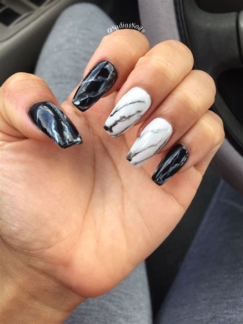 Marble Nails Coffin Nails Black And White Nails White Nail Designs