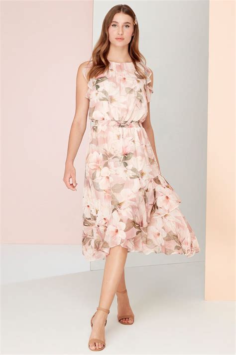 Floral Frill Fit And Flare Midi Dress In Light Pink Dresses Women Dress Online Womens Dresses Uk