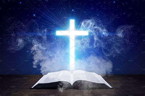 Glowing Cross With Holy Bible Stock Photos Creative Market