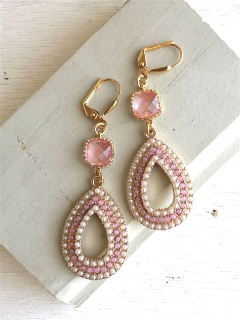 Pink And Pearl Chandelier Earrings In Gold Summer Statement Earrings