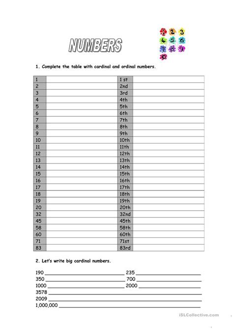 Cardinal and ordinal numbers worksheet - Free ESL printable worksheets