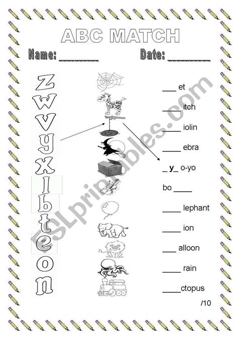 Includes tracing and printing letters, matching uppercase and lowercase letters, alphabetical order, word searches and other worksheets helping students to learn letters and the alphabet. ABC Match - ESL worksheet by rita_mvy