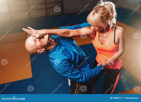 Self Defense Concept Babe Woman Is Defending Herself With Pepper Spray Stock Photo