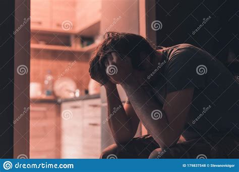 Depressed Sad Man Crying In Dark Room Stock Photo Image Of Isolation