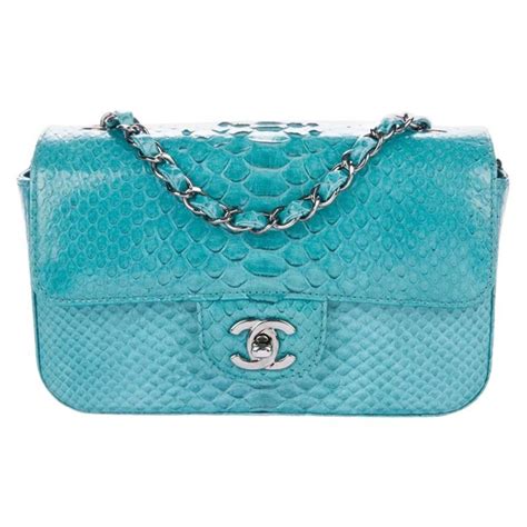 Chanel New Teal Blue Silver Snakeskin Leather Evening Small Shoulder