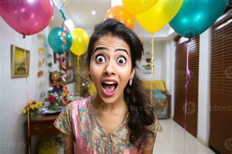 indian woman with shocking face in birthday party generative AI
