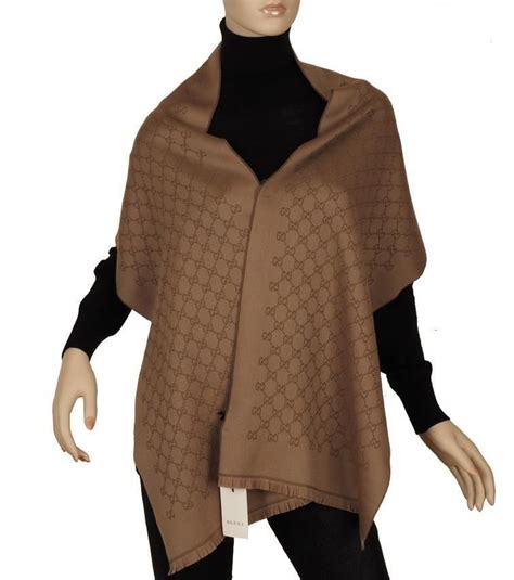 New Gucci Current Luxury Gg Jacquard Light Brown Wool Scarf Shawl Wrap