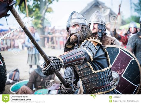 Viking And Slav Warrior In Reenactment Battle Editorial Photography