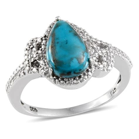 Chrysocolla Pear 275 Ct Diamond Ring In Platinum Overlay Sterling