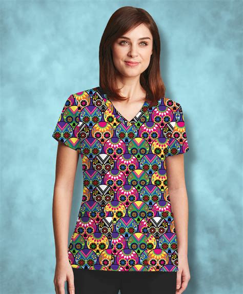 Candy Colored Sugar Skulls Athletic Scrub Top Brave New Look