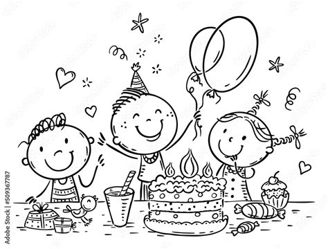 Outline Illustration Of Kids Birthday Party With A Big Cake Stock