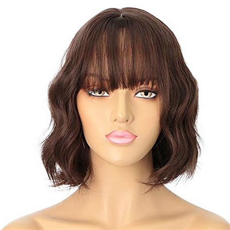 Brown Wigs For Women Short Curly Wavy Hair Wig Bob Wig With Bangs Light