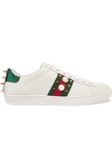 Gucci Ace Pearl And Stud Detail Leather Trainers In White Lyst