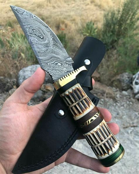 Custom Hand Forged Damascus Steel Hunting Knife With Leather Sheath