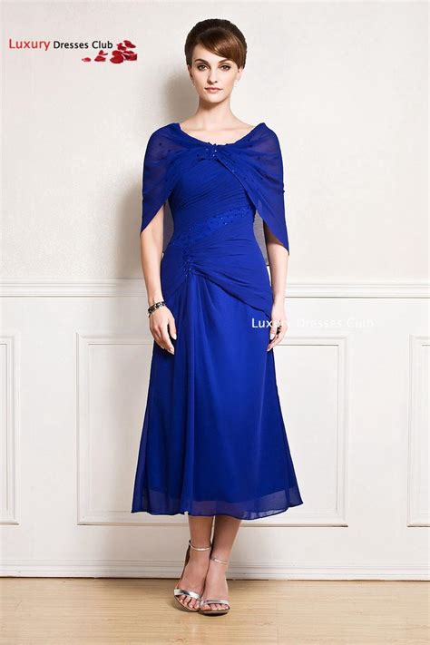 Royal Blue Mother Of The Bride Dresses With Sleeves 2016 Tea Length Beading Chiffon Elegant