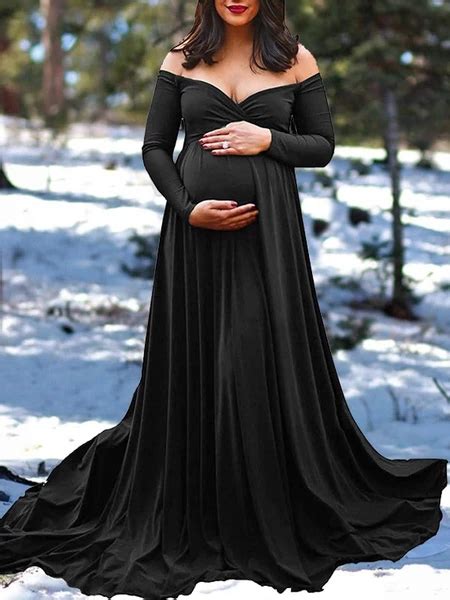 Black Pleated Off Shoulder Long Sleeve Maternity Babyshower Elegant Ma