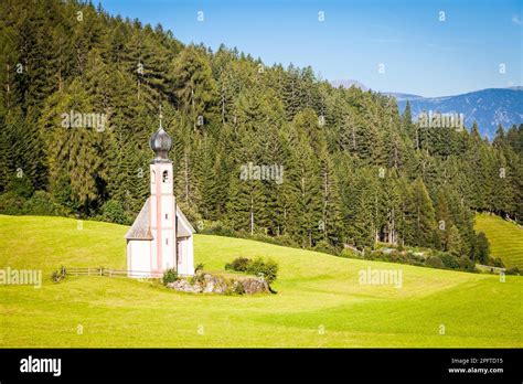 St Johann Church Santa Maddalena Val Di Funes Dolomites Italy Stock