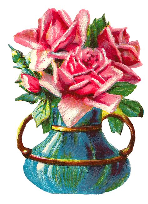 Antique Images Shabby Chic Pink Rose Clip Art Flower Vase Printable