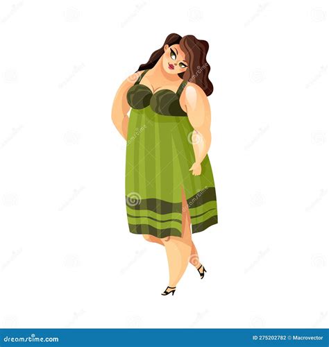 plump and plus size woman in fashionable clothes with curvy body vector set